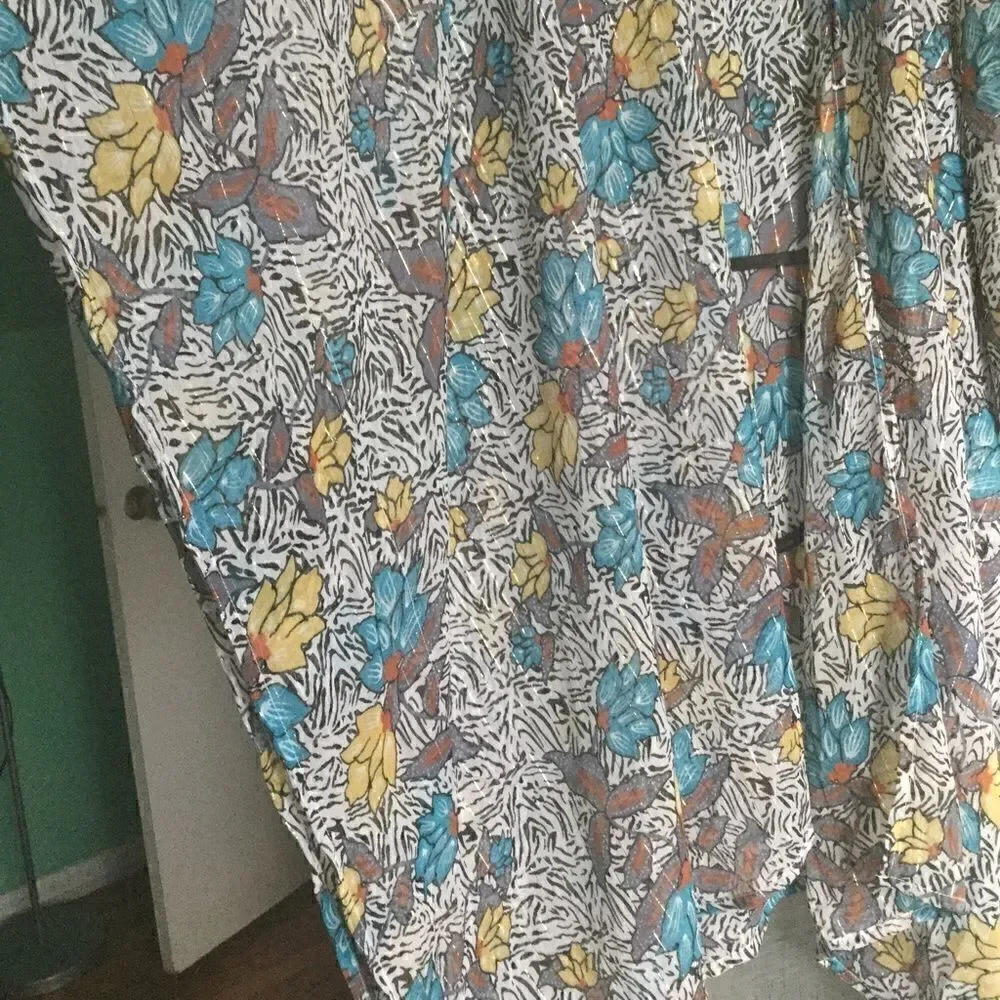 NWT L floral multicolor metallic Gold open kimono chiffon